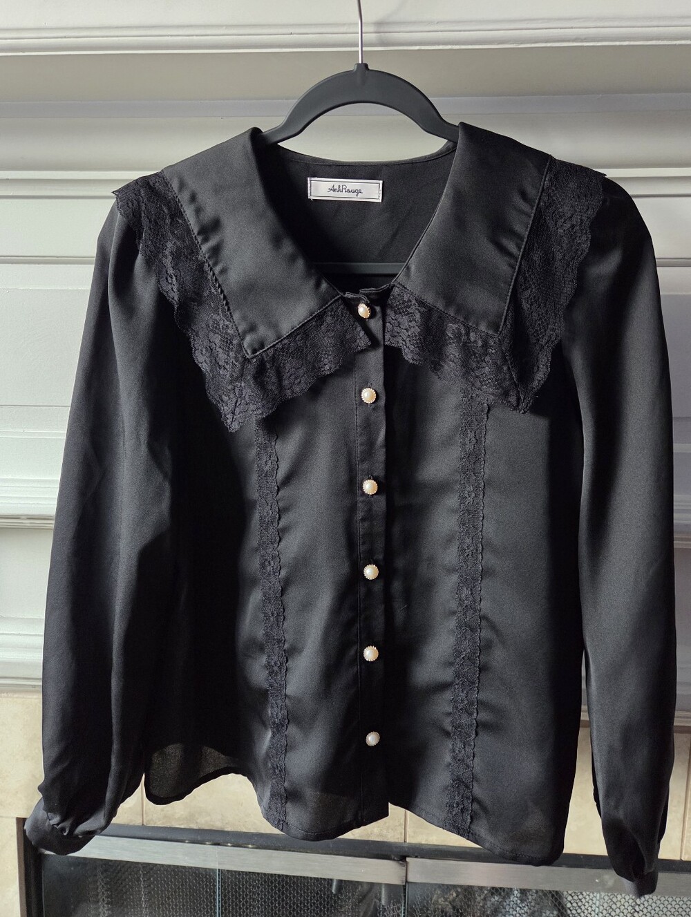 Ank Rouge Black Lace Collar Blouse Pearl Buttons Gothic Girly J-Fashion Size M